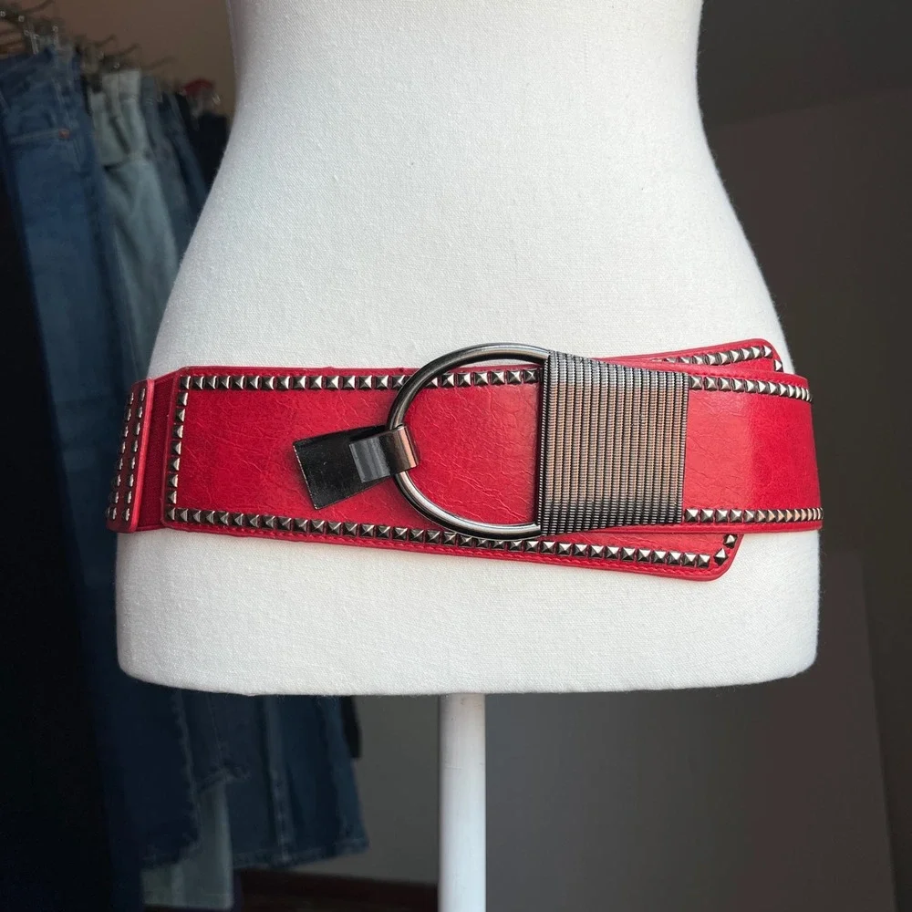 Y2K Studded Asymmetrical Elastic Cinch Waist Belt Statement Red Punk Thick Wide